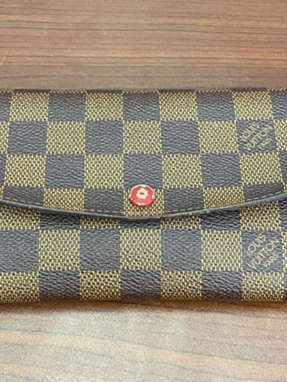Louis Vuitton Damier Ebene Checkered Wallet with Red Snap